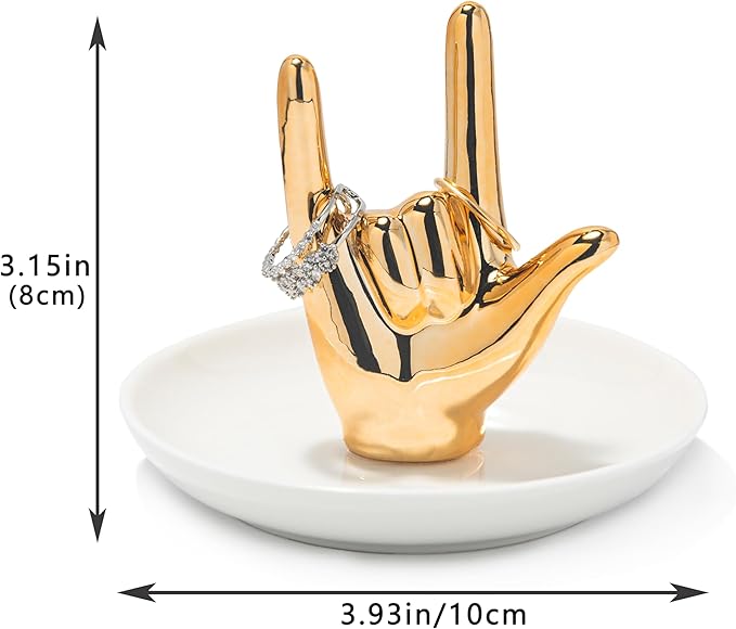 I LOVE YOU Hand Ring Holder Dish Ceramic Jewelry Holder Dish Trinket tray for Rings Earrings Necklace Organizer, Engagement Wedding Ring Holder, Christmas Birthday Gifts (Golden)
