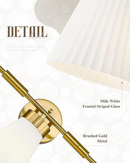 Bathroom Light Fixture, HWH 5-Light Bathroom Vanity Light Brushed Gold Vanity Lighting Over Mirror, Modern Vanity Lights with Frosted White Striped Glass, 5HZG97B-5W BG