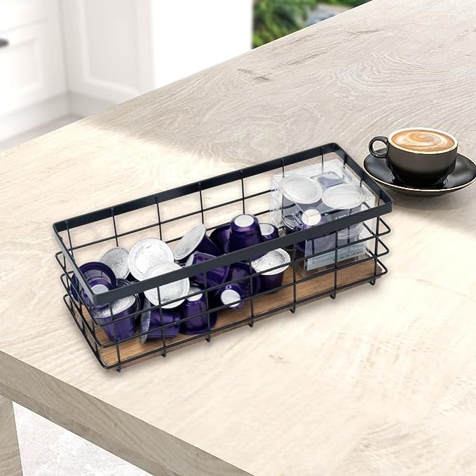 TIEYIPIN Farmhouse Small Metal Wire Storage Basket Bin, Rustic Home Storage Organizer with Wooden Bottom for Kitchen, Cabinets, Bathroom Counter, Pantry, Garage, Laundry Room - Black