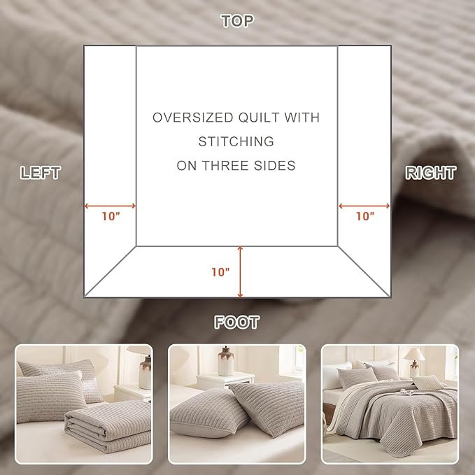 Sanracie Stonewashed Cotton Coverlet Oversized King(120"x120"), Linen Colored Cross Stitch Pattern California King Quilt Sets 3Pcs Ultra Soft Lightweight Crinkle Bed Coverlet Set for All Season