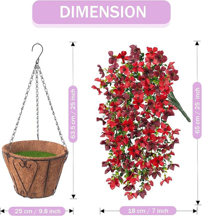 Artificial Hanging Flowers Plants with Basket for Outdoors, Realistic Faux Silk Daisy Flower Eucalyptus for Spring Decor, UV Resistant Fake Plants for Porch Patio Yard Balcony, Red Brown