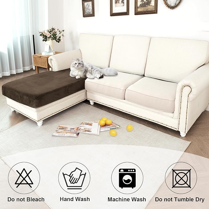 NAISI Waterproof Couch Cushion Covers Thick Velvet Fabric Washable Sofa Slipcovers 1 Piece Individual Sectional Couch Covers with Elastic Bottom(1 PC for Chaise Lounge,Caramel)