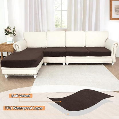 NAISI Waterproof Couch Cushion Covers Thick Velvet Fabric Washable Sofa Slipcovers Sectional Couch Covers for 4 Pieces Separate L Shape Couch Cover with Elastic Bottom(3 Seater + 1 Chaise, Coffee)