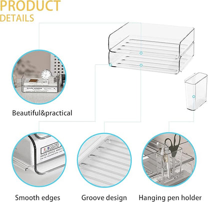 2-Tier Office Organizer with Pen Holder, Stackable Paper Tray for Files, Letters, Books, Clear Paper Folder