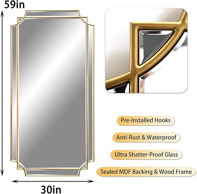 Gold Full Length Mirror for Wall, 59" x30" Wooden Framed, Polished Bevelled Rectangle Mirror, Art Decorative Mirrors for Wall Decor, Irregular Mirrors for Living Room, Bathroom, Entryway