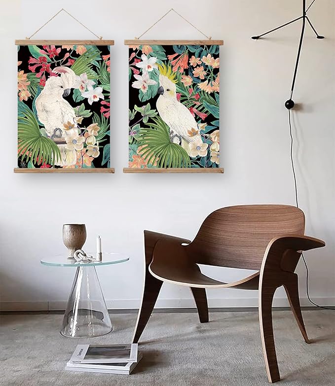 ABoby Vintage Hanging Parrot Posters, Decorative Wall Art Prints, Printed on Linen with Wood Frames, Ready to Hang
