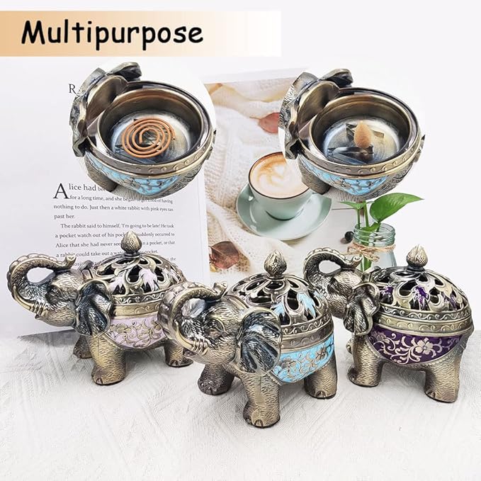 Hourwof Metal Elephant Incense Holder,Vintage Cone Coil Incense Burner with Lid,Ash Catcher,Aromatherapy Ornament Home Office Decor (Light Blue)