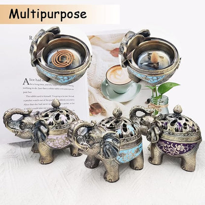 Hourwof Metal Elephant Incense Holder,Vintage Cone Coil Incense Burner with Lid,Ash Catcher,Aromatherapy Ornament Home Office Decor (Purple)