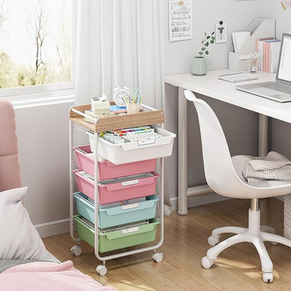 Rolling Storage Utility Cart With 5 Drawers,Craft Cart with Wheels,Makeup Organizer,Art Supply And Storage Wooden Tabletop,Rainbow