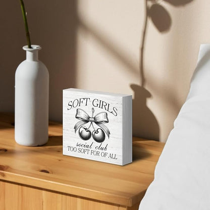 Coquette Cherry Bow Girl Wood Box Sign Desk Decor, Cute Trendy Pink Decor, Coquette Party Wooden Block Sign Decorations for Home College Dorm Apartment Girl Room Wall Tabletop Shelf Decor