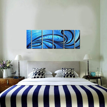 Unique Metal Wall Sculpture, Metal Wall Art with proud as a peacock design, Abstract Blue and Black Modern and Contemporary Décor, Aluminum Artwork, Indoor and Outdoor decoration, 6 panels 64"Wx24"H