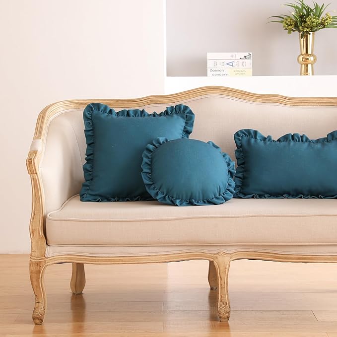 ISAENNE Classic Blue Round Throw Pillow Cover Diameter 16", Solid Color Farmhouse Linen Cotton Decoration Pillow Cover with Ruffles, Sturdy Throw Pillow Case for Couch Sofa Bed Living Room