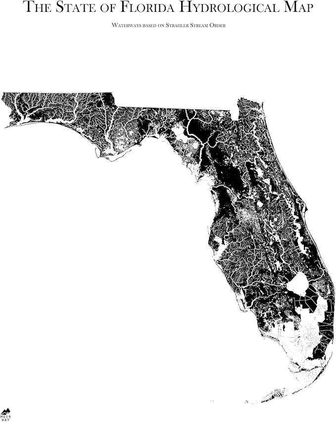 Muir Way Hydrological River Map of Florida - Watershed Topographic Wall Art for Home, Office, or Travel Decor - Unframed Flat Paper Print, 24x30