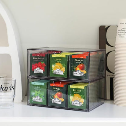 2 Large Acrylic Tea Bag Organizer, 9 Grids Tea Organizers and Storage with Acrylic Drawers Stackable, Teabag Holder Organizer for Counter Countertop Kitchen Cabinet