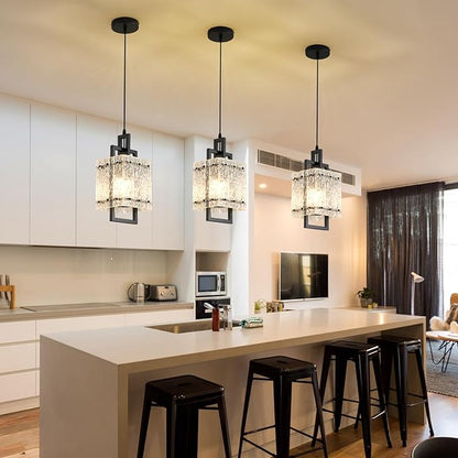 Black Pendant Light Fixtures Modern Pendant Lights Kitchen Island Water Ripple Glass Square Pendant Light Adjustable Hanging Pendant Lighting for Kitchen Dining Room Over Island 1 Pack