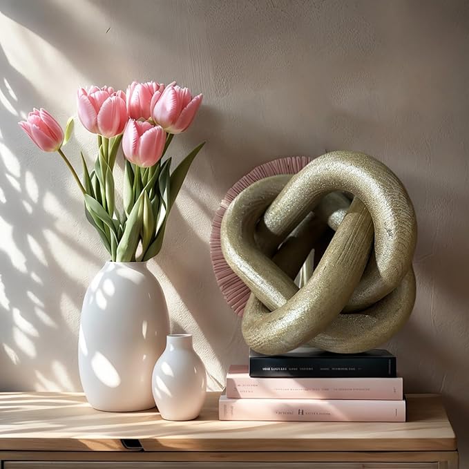 Wood Knot Decor -Coffee Table Decor Shelf Decor Table Books Hand Carved Home Decoration Boho Country Rustic Modern Shabby Chic Style 3 Link Wooden Knot Chain Link Decor (Champagne)