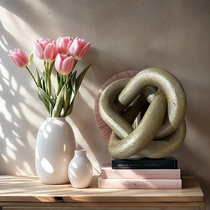 Wood Knot Decor -Coffee Table Decor Shelf Decor Table Books Hand Carved Home Decoration Boho Country Rustic Modern Shabby Chic Style 3 Link Wooden Knot Chain Link Decor (Champagne)
