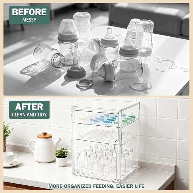 Baby Bottle Organizer, 3 Tiers Acrylic Bottle Storage Organizer Container, Clear Plastic Bottle Station Organizer with 2 Adjustable Dividers for Kitchen Countertop, Bathroom, Cabinet, Vanity