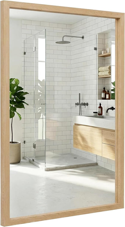 24" x 36" Natural Wood Tone Wall Mirror for Entryway & Bath, Waterproof Boho Decor Mirror, Scandi Oak Texture Vanity Mirror for Over Sink, Standard Trim