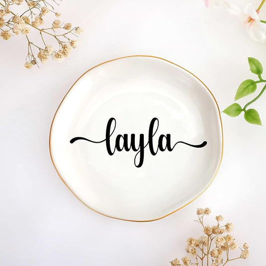 JoycuFF Layla Personalized Name Ceramic Jewelry Tray, Mothers Day Christmas Anniversary Engagement Birthday Gifts for Women Couples, Trinket Dish for Rings Earrings Necklaces Bracelets Keys