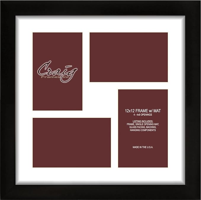 Craig Frames 1WB3BK 12 by 12-Inch Black Picture Frame, Single White Collage Mat with 4-4 by 6-Inch Openings