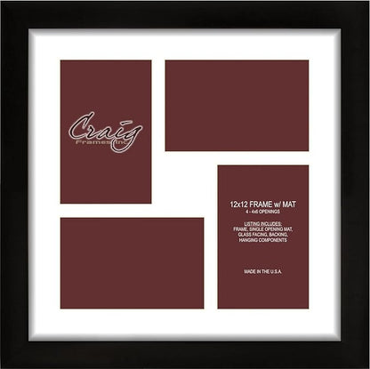 Craig Frames 1WB3BK 12 by 12-Inch Black Picture Frame, Single White Collage Mat with 4-4 by 6-Inch Openings