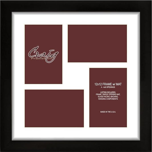 Craig Frames 1WB3BK 12 by 12-Inch Black Picture Frame, Single White Collage Mat with 4-4 by 6-Inch Openings