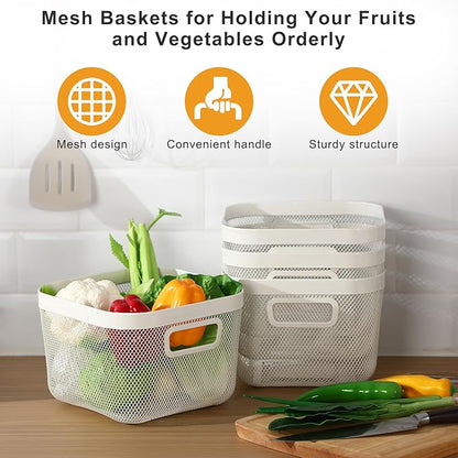 1 Pack Metal Mesh Basket with Hollow Handles White Wire Storage Bin for Organizing Stackable Metal Fine Mesh Basket for Pantry Bathroom Kitchen Cabinets Shelves (Medium)
