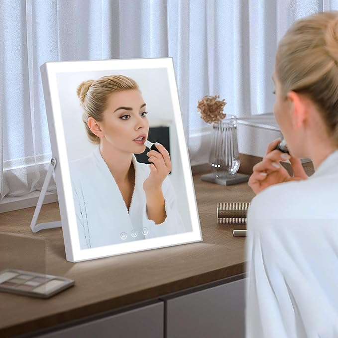 Vanity Mirror with Lights,10"x12" Lighted Makeup Mirror with 3 Color Modes, 360° Rotation Desk Mirror, Dual Power Supply, Smart Touch Control (White),Valentine's Day Gift for Her