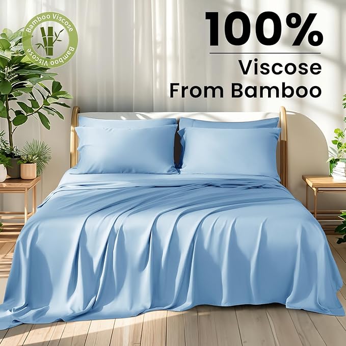 Shilucheng 100% Viscose Derived from Bamboo_ Sheets King Size 6pcs - Ultra Cooling & Silky Soft Bed Sheets, 16" Deep Pocket, Perfect for Hot Sleepers, Hotel Bedding Sheets (Lake Blue)