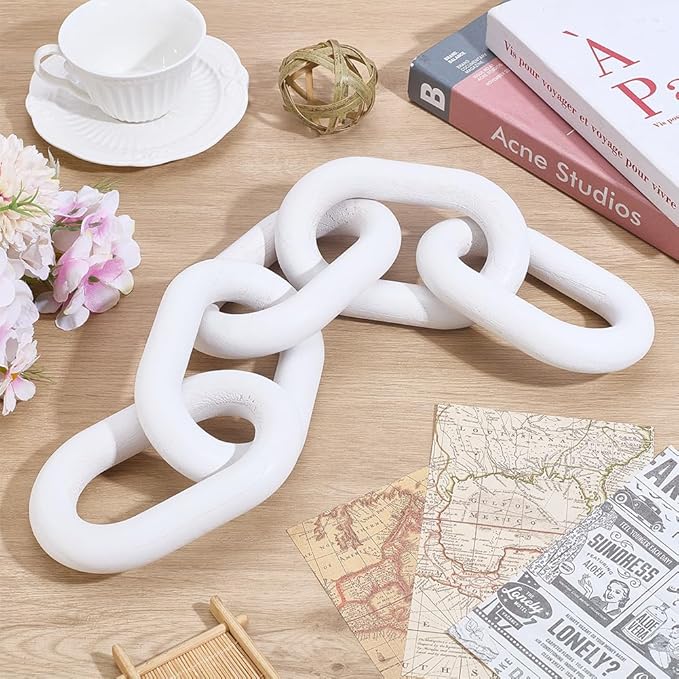 WADORN Wood Chain Link Decor, 5 Link Chain Display Decorations Book Shelf Decor Wooden Home Decorative Chains Rustic Coffee Table Ornament Chains for Living Room Accents Modern Farmhouse, White