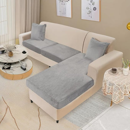 NAISI Sectional Couch Cover 3 Pieces Velvet Separate Couch Cushion Covers L Shape Soft Stretch Sofa Slipcovers with 2pcs Pillowcases for Left/Right Chaise Sectional Couch(2 Seater+1 Chaise,Light Grey)