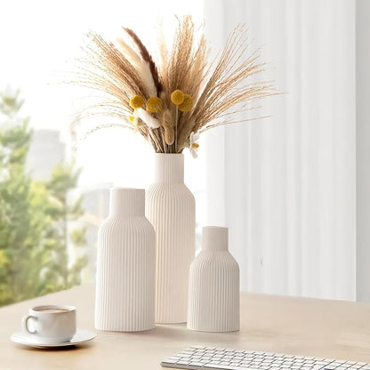 White Ceramic Vases Set of 3 - Modern Matte Ribbed Vases for Pampas Grass & Dried Flowers - Minimalist Decorative Centerpieces for Living Room, Shelf, Entryway & Wedding (Not for Water)