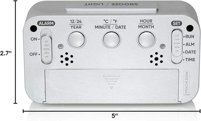 Westclox Alarm Clock with Large Digital Display and Blue Backlight on Demand, Westclox Alarm Clock, Month/Date and Temperature Display with Ascending 5 Minute Snooze Alarm, Silver