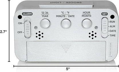 Westclox Alarm Clock with Large Digital Display and Blue Backlight on Demand, Westclox Alarm Clock, Month/Date and Temperature Display with Ascending 5 Minute Snooze Alarm, Silver