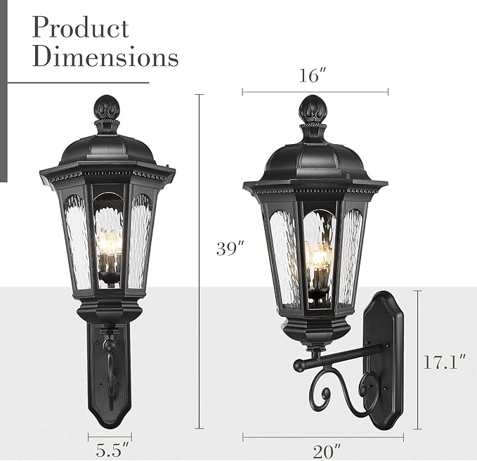 Emliviar Farmhouse 39 Inch Exterior Wall Light Fixture, 3-Light Outdoor Porch Light Wall Mount in Black Finish, Water Ripple Glass, E12, XE304B BK-SW