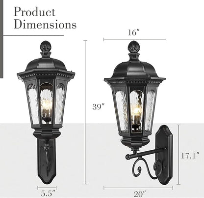 Emliviar Farmhouse 39 Inch Exterior Wall Light Fixture, 3-Light Outdoor Porch Light Wall Mount in Black Finish, Water Ripple Glass, E12, XE304B BK-SW