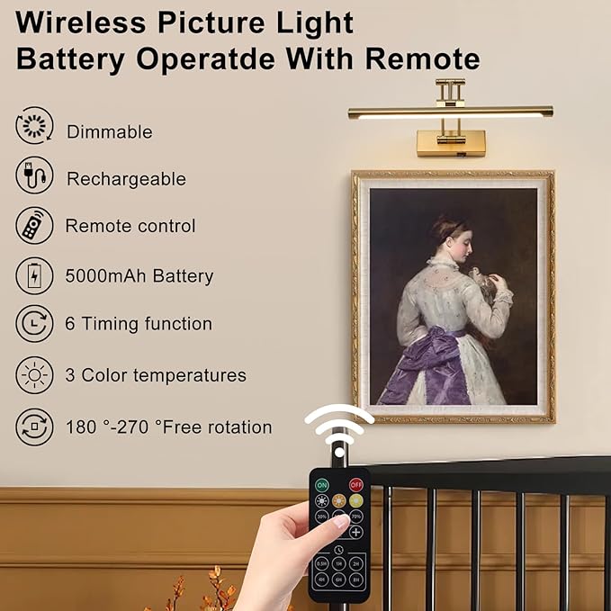 Battery Picture Lights for Wall, Rechargeable Gallery Light Wireless Art Display Lights with Dual-Rods Swing Arm Brass Painting Light with Remote & Timer 3CCT Dimmable Wall Sconces for Portrait 16”