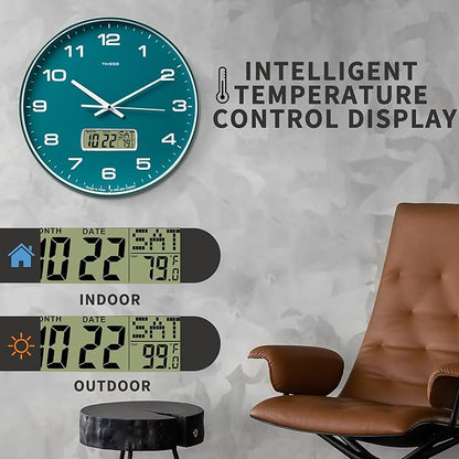 Wall Clock, 14" Large Dial Non-Ticking Silent Battery Operated Analog with LCD Display for Perpetual Calendar and F° Temperature, Ideal Modern Home, Bedroom, Kitchen, Office Decor(Green)