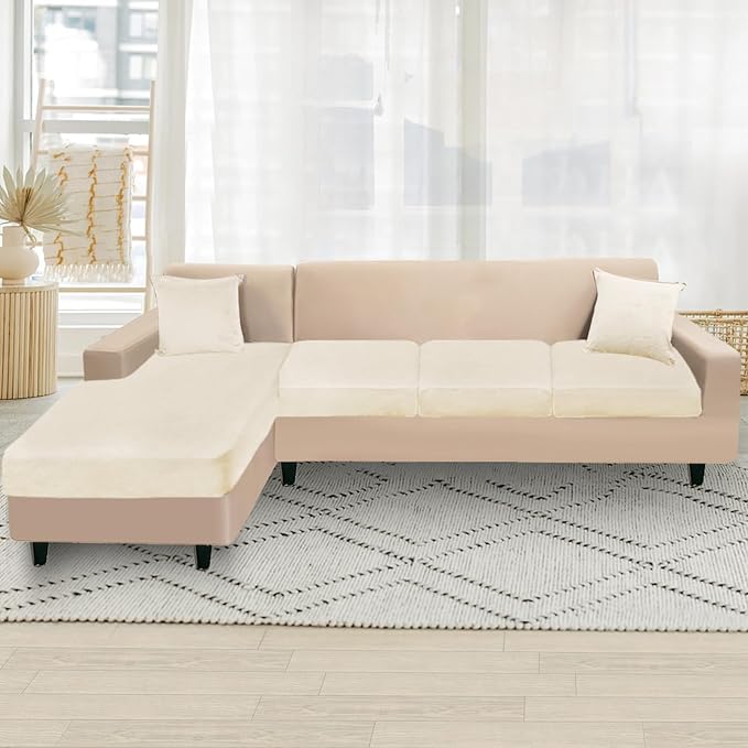 NAISI Sectional Couch Cover 4 Pieces Velvet Separate Couch Cushion Covers L Shape Soft Stretch Sofa Slipcovers with 2pcs Pillowcases for Left/Right Chaise Sectional Couch(3 Seater+1 Chaise,Cream)