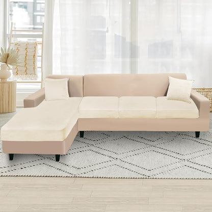 NAISI Sectional Couch Cover 4 Pieces Velvet Separate Couch Cushion Covers L Shape Soft Stretch Sofa Slipcovers with 2pcs Pillowcases for Left/Right Chaise Sectional Couch(3 Seater+1 Chaise,Cream)
