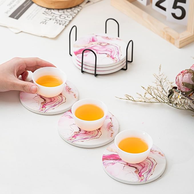 Ceramic Drink Coasters Set of 6 with Holder, Modern Marble Absorbent Ceramic Coasters, Round Ceramic Table Coasters for Home Decor Coffee Kitchen (4 Inches), Pink