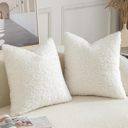 Yaertun Pack of 2 Faux Fur Throw Pillow Covers Decorative Sherpa Boucle Pillow Covers Fuzzy Soft Pillowcases Sheepskin Fleece Cushion Case for Couch Sofa Bed Living Room 16x16 Inch Cream White