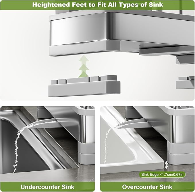 Stainless Steel Sink Caddy, Sponge Holder for Kitchen Sink with Brush Holder & Dishcloth Rack, Rustproof Sink Organizer Countertop, Kitchen Organizers Storage Essentials (F-Gray)