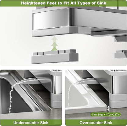 Stainless Steel Sink Caddy, Sponge Holder for Kitchen Sink with Brush Holder & Dishcloth Rack, Rustproof Sink Organizer Countertop, Kitchen Organizers Storage Essentials (F-Gray)