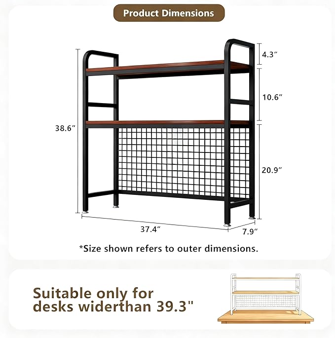 Desk Hutch Bookshelf, 2-Tier Desktop Storage Organizer Rack with Sturdy Metal Frame and Wood Board, 37.4″ Wide for Home Office or Dorm, Walnut