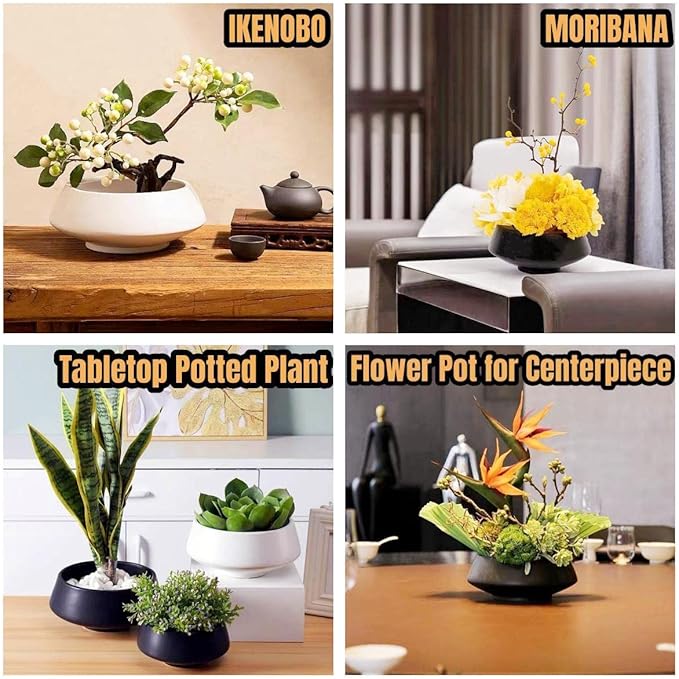 Ceramic Flower Pot Flower Arrangement Set Japanese Ikebana Floral Art Supplies Handmade Flower Bowl Decorative Flower Vase for Centerpieces (Large Black)