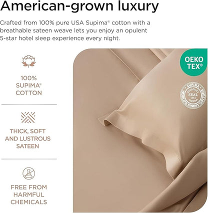 Threadmill Supima King Size Sheets, 1000 Thread Count, 4 Piece American Luxury Bed Sheets for King Mattress, 5 Star Hotel Quality Cotton Sheets with Elasticized Extra Deep Pocket, Beige