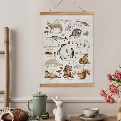 XIAOAIKA Winter Wildlife Educational Poster - Illustrated Arctic Animals Chart with Wooden Frame - Seasonal Nature Wall Art for Classroom, Home, or Nature Center 16 x 23 Inches