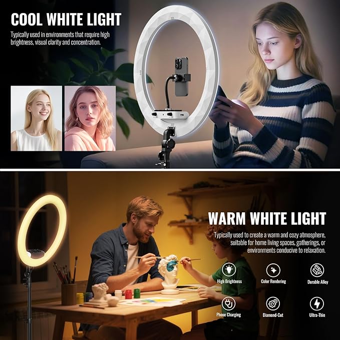 Large Ring Light with Stand, 19" Ring Light Tripod for iPhone, Professional Led Ringlight for Live Streaming, Barber, Makeup, YouTube, Tiktok, White